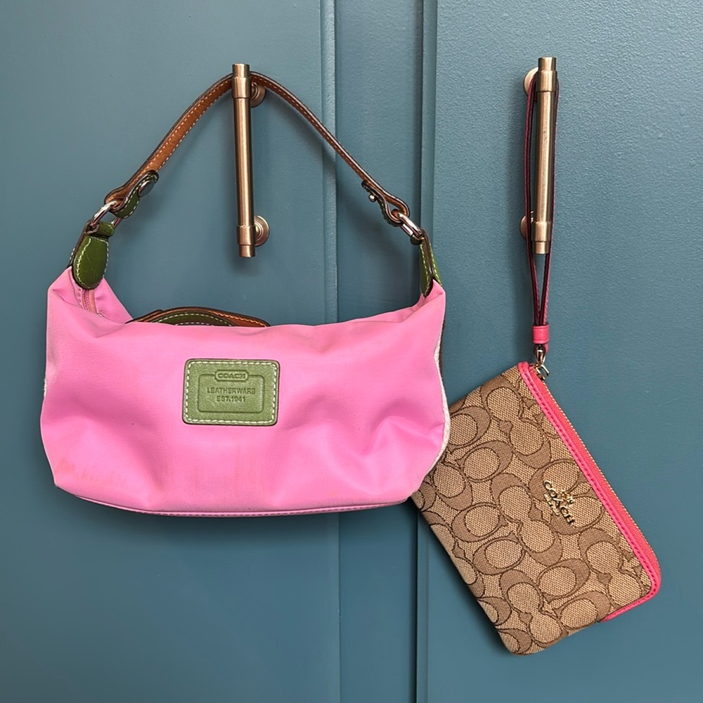 Pink & Olive Green Coach Leatherware Nylon Bag & signature Coach Wristlet